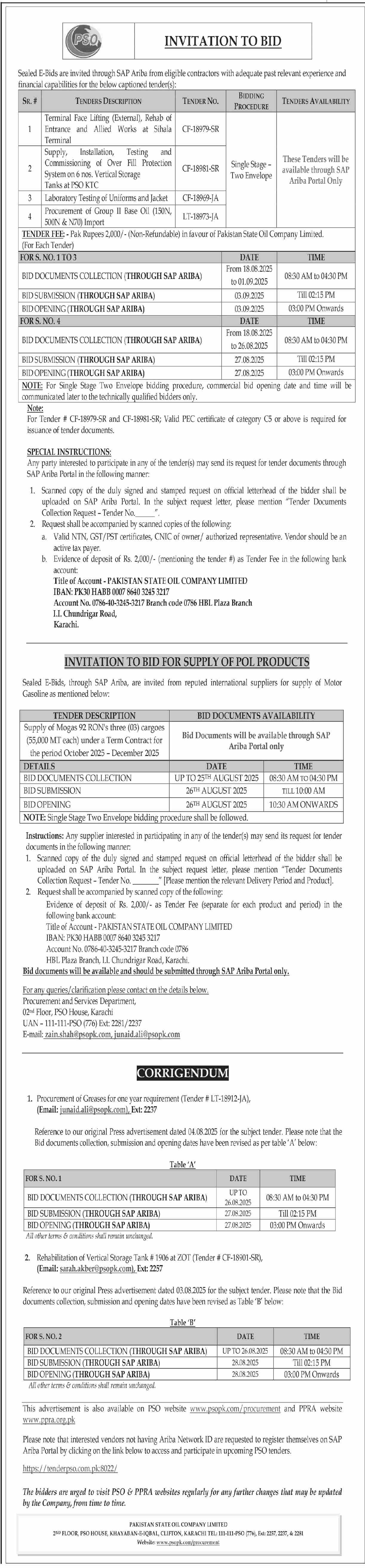 Pakistan State Oil Company Limited Karachi Tender Notice